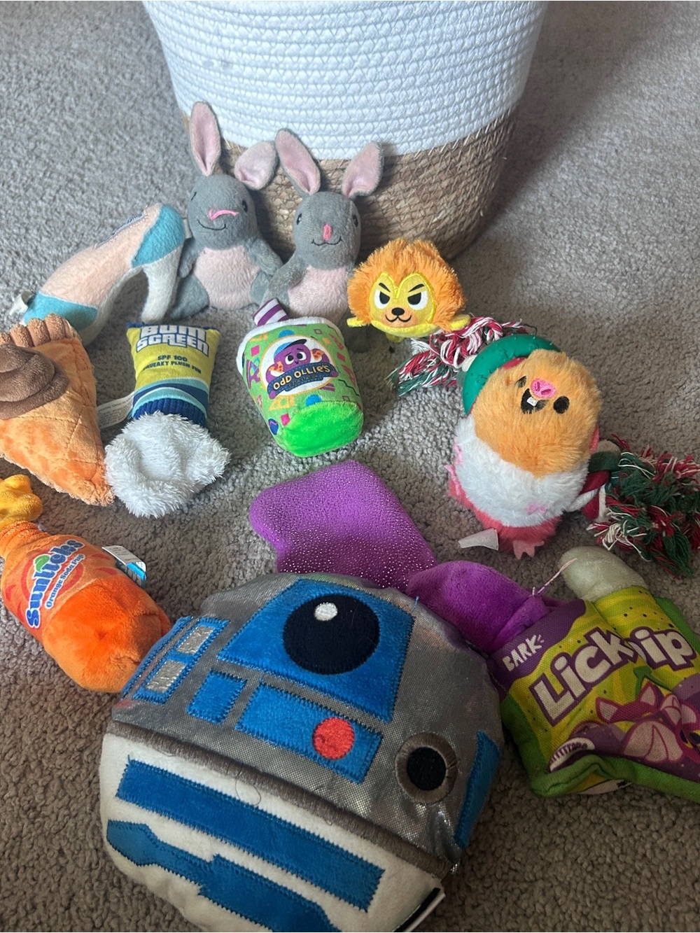 Dog toy lot and basket gently used basically new